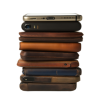 Stack of cell phones with leather cases on a Transparent background showcasing various designs and colors, stack cell phones with leather cases on top, background png