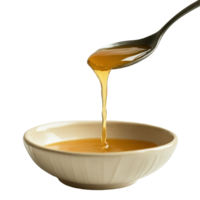 Liquid honey pours from a spoon into a cream-colored bowl on a smooth surface, spoon with liquid pouring out it in a bowl, Transparent background png