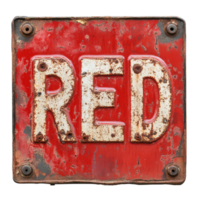Rusty red sign featuring the word red in white lettering on weathered surface, rusty red sign with the word red on it, Transparent background png