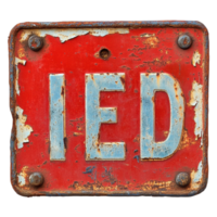 Rusty red sign with the word IED prominently displayed, conveying a cautionary message, rusty red sign with the word i red on it, Transparent background png