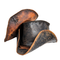 Authentic rustic pirate hats made of leather and cloth for adventurous spirits and costume enthusiasts, Rustic Pirate Hats, Authentic Leather and Cloth Pirate Headwear, isolated on Transparent png