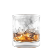 Whisky in a clear glass with ice and condensation steaming on a cold evening, Whisky water clear glass with cold wet steam and vapor in White background file png