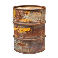 Rusty old metal barrel isolated on Transparent background highlighting its weathered texture and color variations, rusty old metal barrels isolated on png