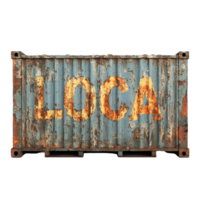 Rusty shipping container with loca painted in bright orange on a faded blue surface, rusty container with the word loca painted on it, Transparent background png
