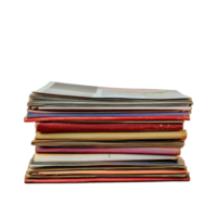Stack of old magazines on a red table against a plain Transparent background for creative decor inspiration, stack old magazines on a red table, png
