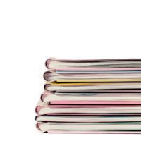 Stack of colorful magazines on a pink surface against a Transparent background, stack magazines on a pink surface, png