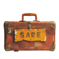 Rusty suitcase with a spare white bag sign displayed on a plain background, rusty suitcase with a sign that says spare, Transparent background png