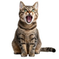 Startled tabby cat with open mouth showing alert expression in bright setting, Startled Tabby Cat with Open Mouth and Alert Expression or scared cat, Transparent background png