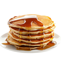 köstlich Stapel von Pfannkuchen nieselt mit Sirup auf ein sauber Weiß Teller zum Frühstück Vergnügen, Stapel Pfannkuchen mit Sirup auf oben ihnen, transparent Hintergrund, Hintergrund png