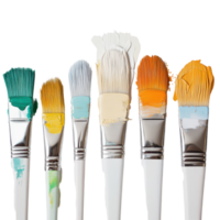 Row of vibrant paint brushes displaying colorful paint strokes on a white canvas, row paint brushes with different colors paint, Transparent background png