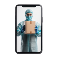Delivery person wearing protective gear holds a package in front of a Transparent background, background a delivery person with a box on a smartphone screen on isolated png