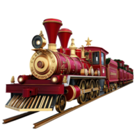 Realistic red and gold train adorned for the holidays on a Transparent background highlighting festive spirit, santa's train realistic on png