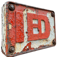 Rusty red sign displaying the word 'ED' in white letters, weathered and aged with time, rusty red sign with the word i red on it, Transparent background png