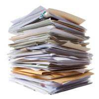Busy stack of piled paper documents and files in a cluttered workspace environment, Stack paper documents files paperwork isolated magazines png
