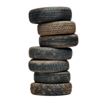 Stack of old dirty tires arranged in a vertical pile isolated on a Transparent background for clear visibility, Stack old dirty tires isolated on png