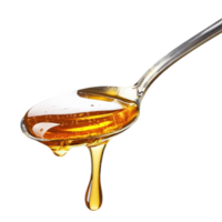 Honey drips gracefully from a spoon, capturing the essence of sweetness in a simple moment, spoon with honey on it and a liquid pouring from it, Transparent background png