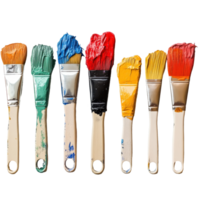Row of paint brushes with vivid colors lined up on a Transparent background ready for artistic projects, row paint brushes with different colors paint, background png