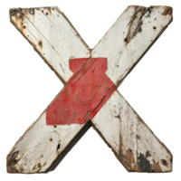 Old battered sign marked with an X, showcasing weathered wood and faded paint, X-Marked Object Interest An Old Battered Sign with a Red X on the Left, Transparent background png