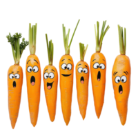 Colorful carrots with expressive faces against a Transparent background create a playful and whimsical display, row painted carrots with faces and eyes, png