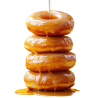 Delicious glazed donuts stacked high with syrup against a vibrant yellow background, stack glazed donuts with syrup on a yellow background, Transparent background, background png