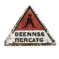 Warning sign indicating danger in a rundown area with faded text and a caution symbol, sign that says demons traction, Transparent background png