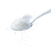 Spoon filled with sugar surrounded by a cloud of sugar particles in a dark setting, Spoon full sugar cubes png