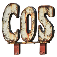 Rusty sign displaying the word cost in faded white paint against a bright background, rusty sign with the word cost painted on it, Transparent background png