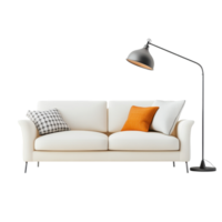 Modern sofa with decorative pillows and stylish floor lamp on a Transparent background, sofa with pillow rug and floor lamp isolated on png