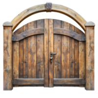 Rustic arched wooden gates with detailed craftsmanship isolated on a Transparent background, Rustic wooden gates with arched isolated on background or white backgroud png