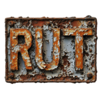 Rusty sign reading rust cast on a Transparent background showcasing weathered texture and decay, rusty sign that says rust cast on a png