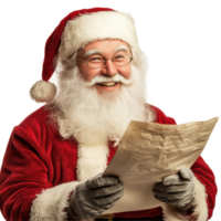 Santa Claus smiles joyfully while reading the gift list indoors during the holiday season, Santa claus smiling when reading gift list on Transparent background, background png