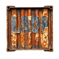 Rusty container with the word load prominently displayed on its weathered surface, rusty container with the word load written on it, Transparent background png