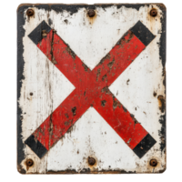 Old battered sign with red cross symbol indicating prohibition or warning in a rural area, X-Marked Object Interest An Old Battered Sign with a Red X on the Left, Transparent background png