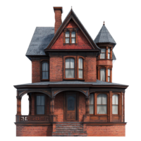 Vintage rendering of a red brick Victorian house with intricate architectural details, Vintage D Rendering a Red Brick Victorian House with Wooden Shingles and Windows, Transparent background png