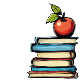 Stack of colorful books topped with a fresh apple against a light background, Stack colorful books and fresh apple with blank banner for text png