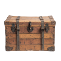 Wooden trunk with metal straps and latch on a Transparent background showcasing vintage storage appeal, wooden trunk with metal straps and a latch, background png