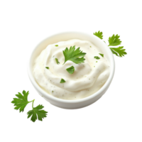 Sour cream topped with fresh parsley served in a white bowl on a plain Transparent background, Sour cream with parsley isolated on png