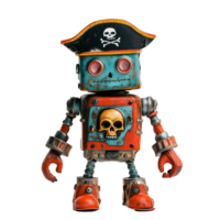Colorful toy robot wears pirate hat with skull decoration in a bright setting, toy robot with a pirate hat and a skull, Transparent background, background png