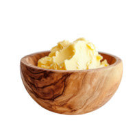 Wooden bowl filled with creamy butter on a simple Transparent background, wooden bowl filled with a mixture butter, background png