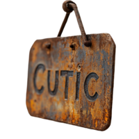 Rusty sign with the word cutic hanging on an old wall in an urban setting, rusty sign with the word cutic hanging on a wall, Transparent background png