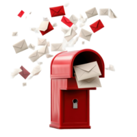 Red mailbox with envelopes flying out against a Transparent background, backgrounding a red mailbox with envelopes flying out on a transparent background png
