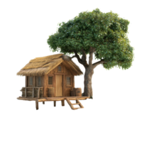 Cozy wooden house with thatched roof beside a tranquil tree on a sandy shore, small wooden house with a thatched roand a tree on a small island, Transparent background png