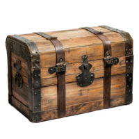 Wooden trunk with metal straps and latch ideal for storage or decorative display in rustic settings, wooden trunk with metal straps and a latch, Transparent background png