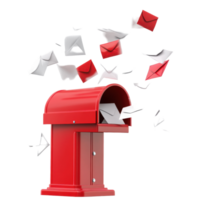 Red mailbox overflowing with envelopes on a Transparent background, backgrounding a red mailbox with envelopes flying out on a transparent background png