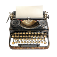 Vintage typewriter resting on a surface with blank sheet of paper ready for classic writing, Vintage Typewriter With Paper, Classic Writing Tool for Creating Printed Documents, Transparent png