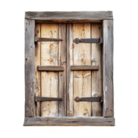 Weathered wooden window with metal accents in a rustic setting, wooden window with a metal knock knock on it, Transparent background png