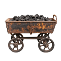 Rusty coal cart filled with coal on wheels placed against a plain Transparent background, rusty coal cart with coal on wheels, background png