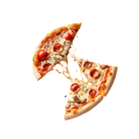 Fresh slice of pizza tossed in the air against a clean Transparent background, slice pizza being tossed into the air, png
