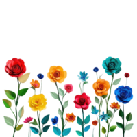 Colorful paper flowers arranged artistically on a white surface creating a vibrant display, row colorful paper flowers on a white surface, Transparent background, background png