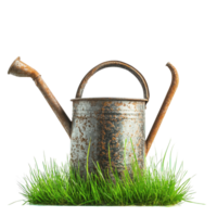Rusty watering can resting on fresh green grass against a Transparent background, Watering can with green grass, background png